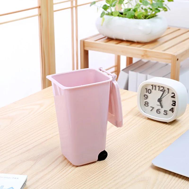 1pcs Mini Trash Can Plastic Waste Bins with Lid Small Scissors Pencil Storage Holder Wheelie Dustbin Storage