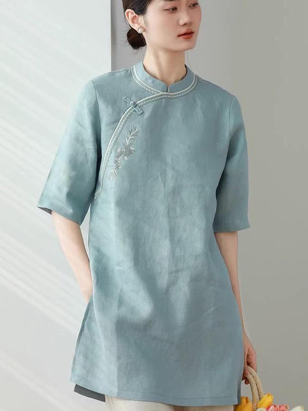 New Arrival: Retro Chinese Style Stand Collar Mid-Length Embroidered Pullover Top – Women's Summer Short Sleeve