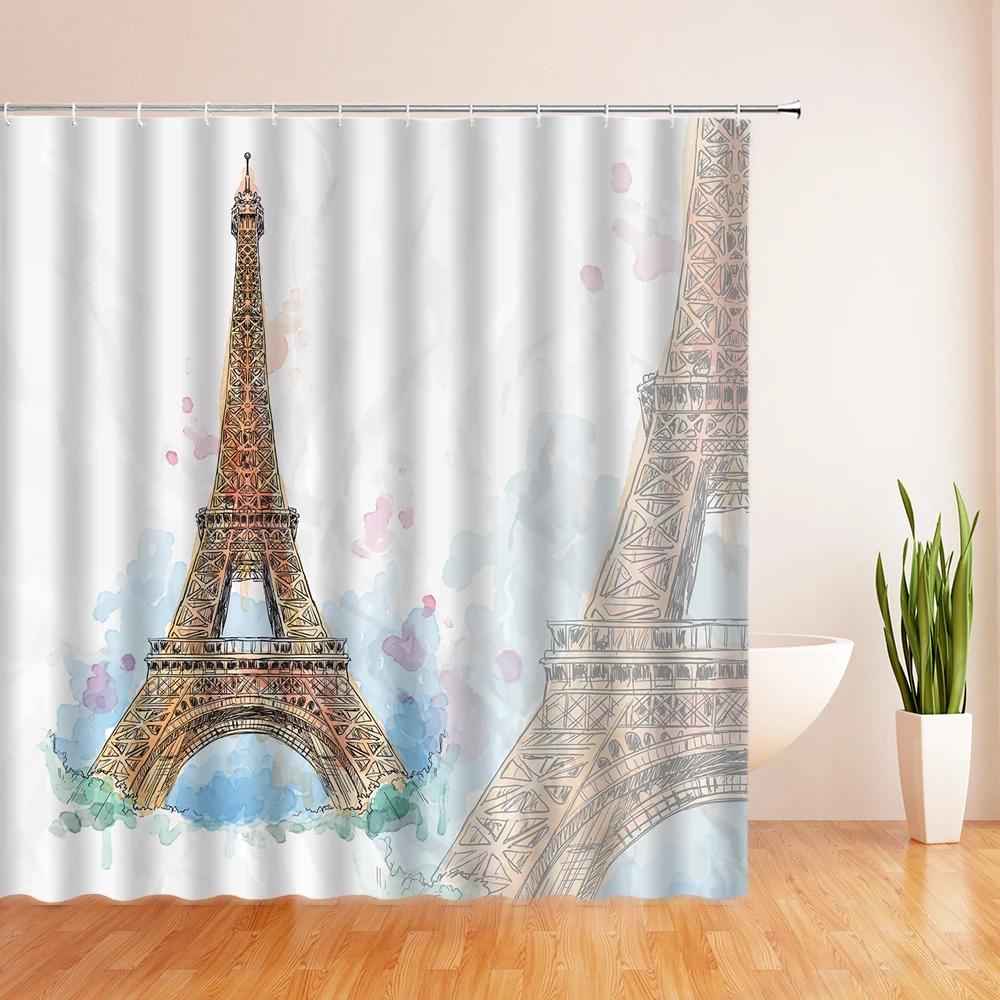 Eiffel Tower Paris Scenery Shower Curtain Vintage Scenery Cherry Blossom Butterfly Polyester Fabric Bath Curtains Bathroom Decor
