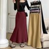 Women Fishtail Skirt High Waist Fishtail Hem Maxi Skirt Solid Color Retro Satin Texture Hip Wrapped Skirt