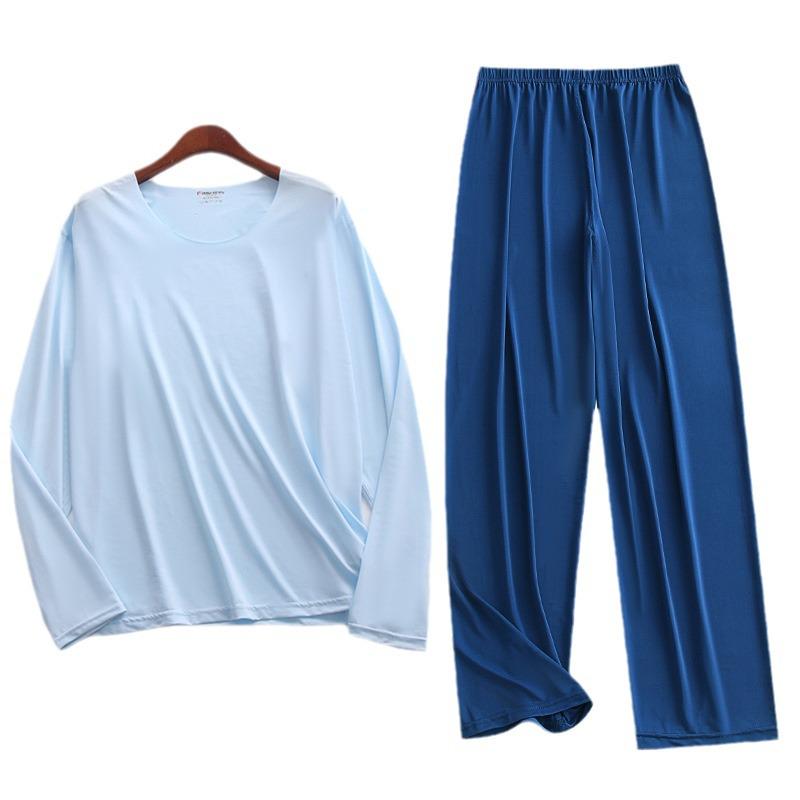 Liquid Ice Silk Ultra-Thin Men's Pajama Set - Spring/Summer Long Sleeve Top & 9/9 Length Pants, High Elastic Home Wear