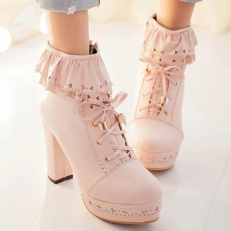 Осенне-зимние женские ботильоны на платформе, белые, черные, розовые, милые короткие ботинки, на шнуровке, туфли в стиле Лолиты для девочек, большой размер 45