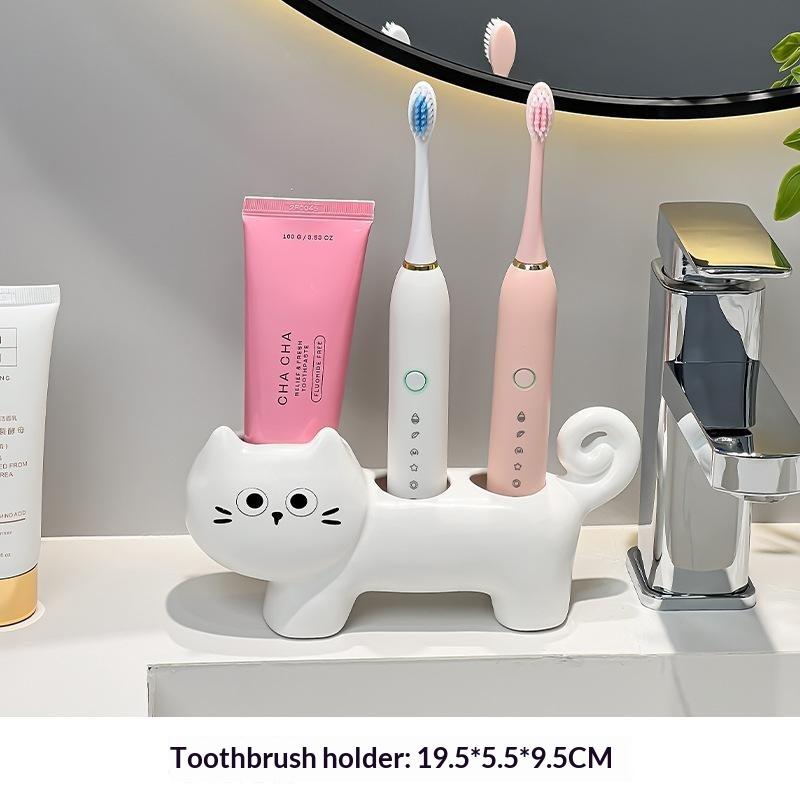Cute Black Cat Ceramic Toothbrush Holder Multi Compartment Non Slip Base Waterproof for Home Bathroom Decor