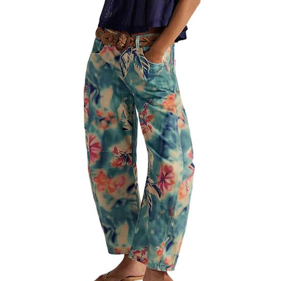 Джинсы-бочки для женщин, джинсы-бойфренды мешковатого кроя с цветочным принтом, повседневные джинсы из денима с широкими штанинами до щиколотки и средней посадкой