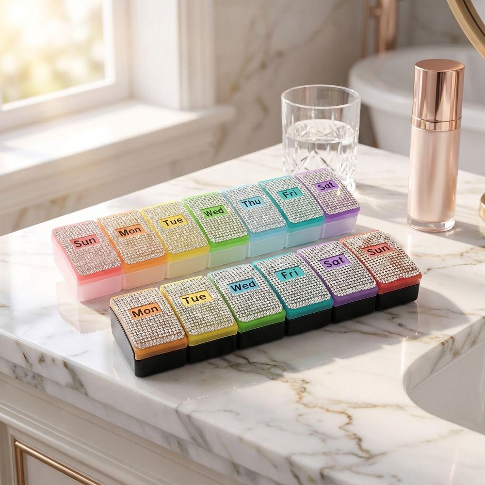 7 Grids Colorful Rhinestone Pill Box Plastic Weekly Pill Box Vitamin Storage Container Fish Oil