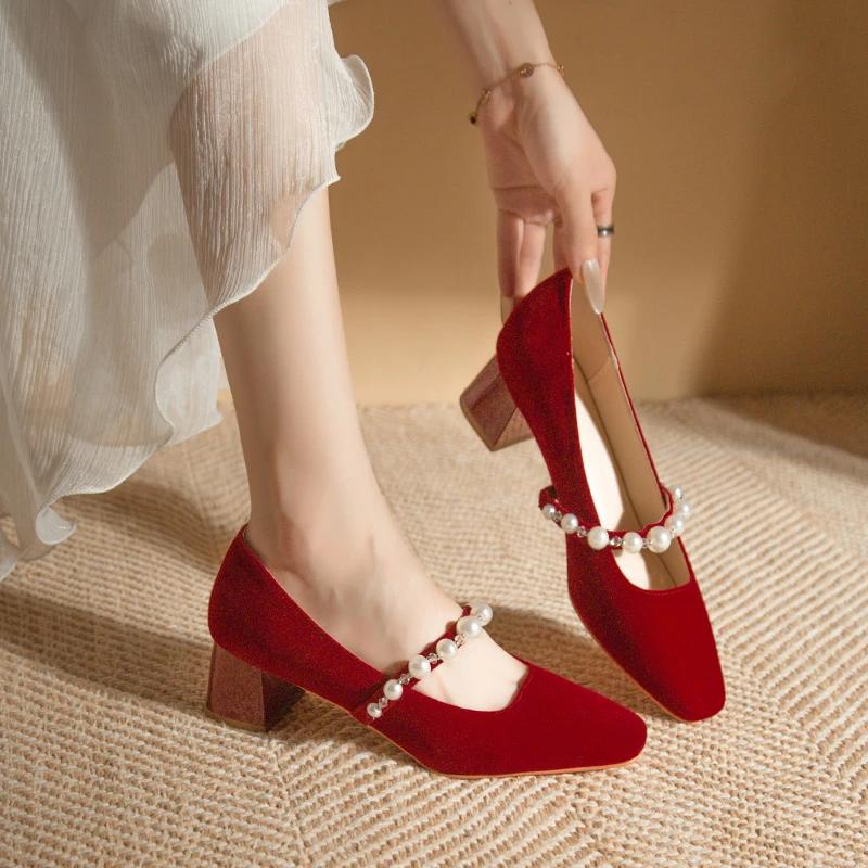 Fashion Red Suede Women's Pumps 2024 New Korean Style Fashion Beaded Women Single Shoes Comfortable Chunky Heel Wedding Bridal Shoes