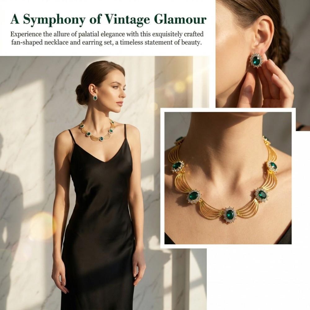 Geometric Necklace Earrings Set Gold-Tone Statement Jewelry Set Gemstone Necklace Set Formal Event