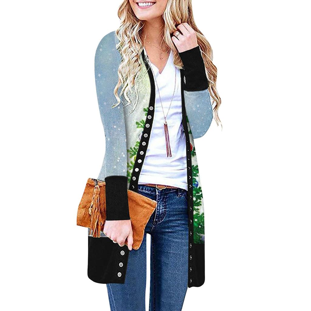 Женский повседневный кардиган с длинными рукавами и постепенным рождественским принтом, легкая куртка