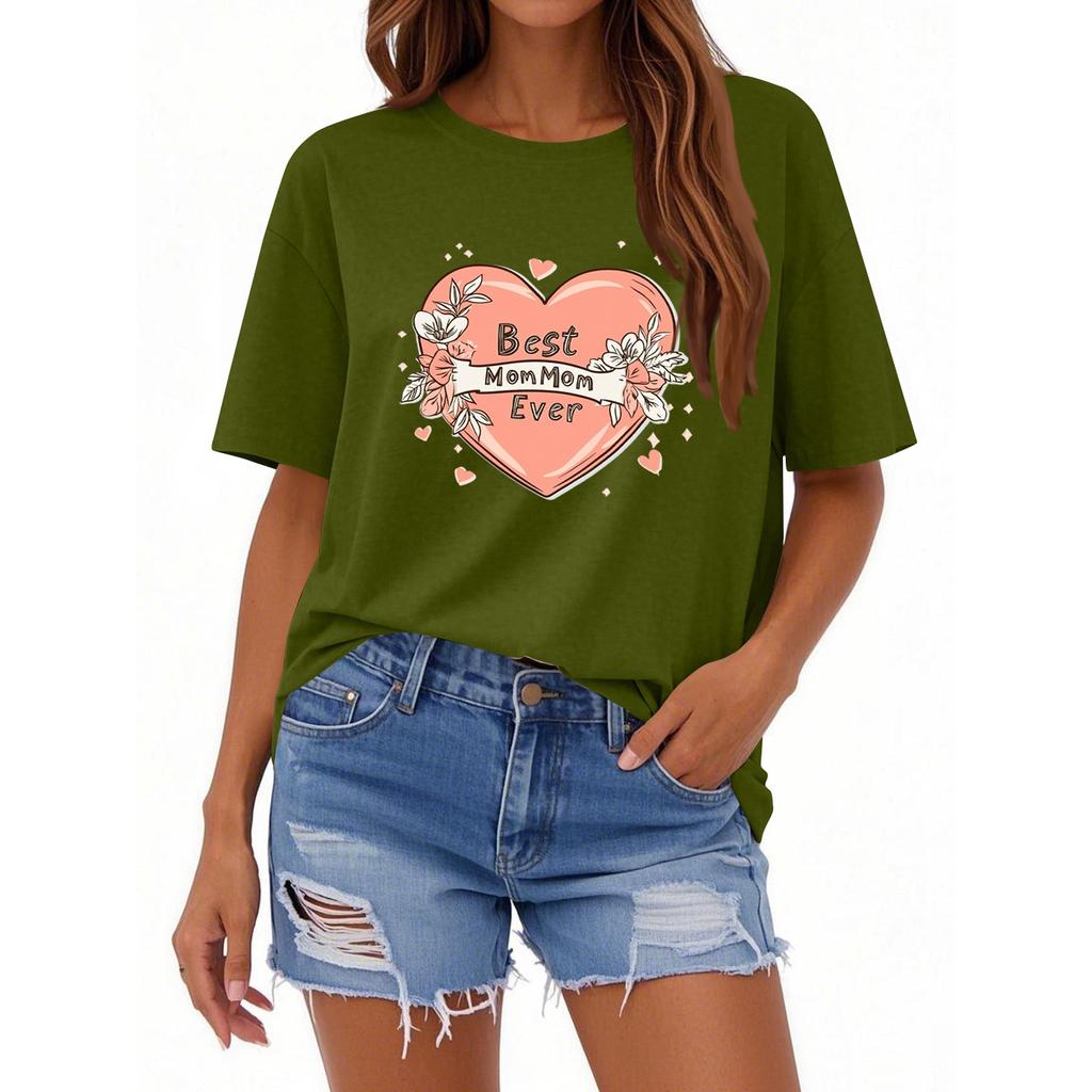 Women's Casual Loose Printed T-shirt Round Neck Pullover Short Sleeved Top