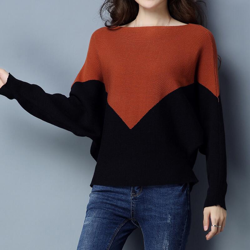 Batwing Sleeve Loose Autumn Winter Women Sweater Knit Fashion Female New Arrival Patchwork Pullover