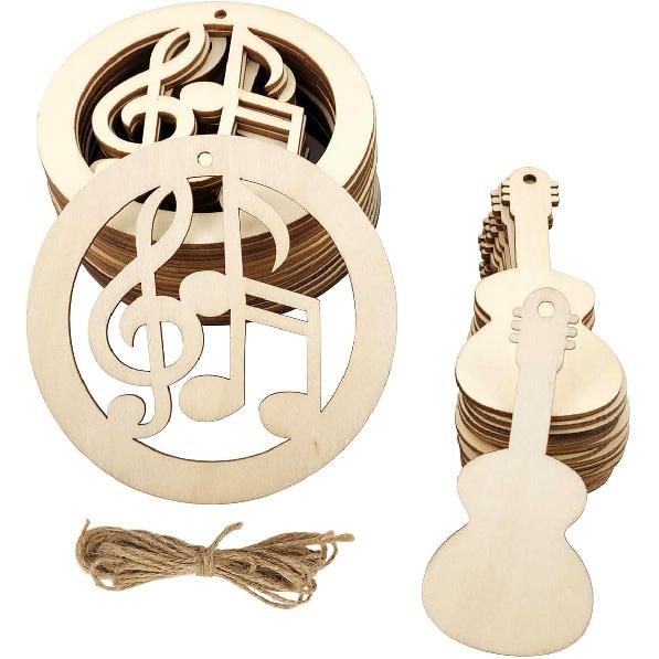 32 Pack Wood Music Note & Guitar Cutouts Music Themed Hanging Ornaments Unfinished Music Decoration Craft Gift Tags for Home Party Decoration Craft