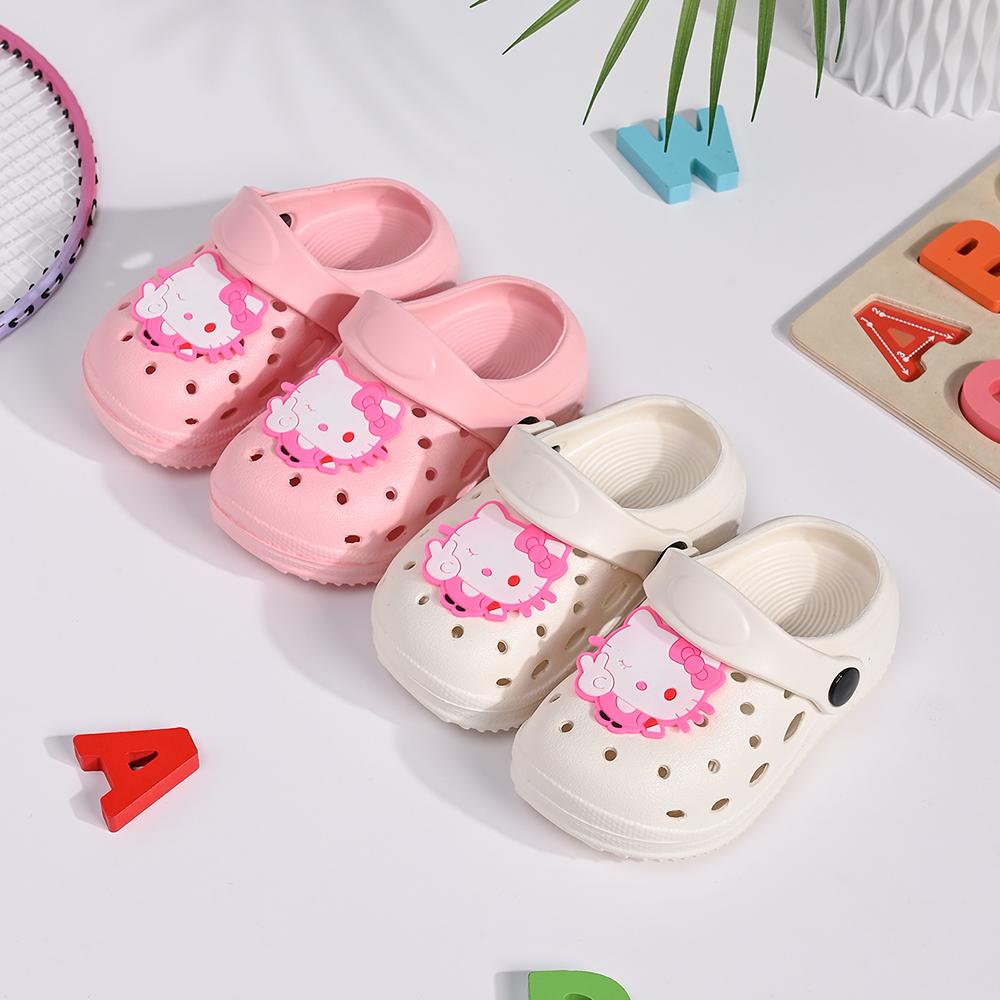Новые летние детские шлепанцы Sanrio, милый рисунок Hello Kitty, нескользящие EVA-сабо с отверстиями, пляжные сандалии, садовая обувь, домашние тапочки