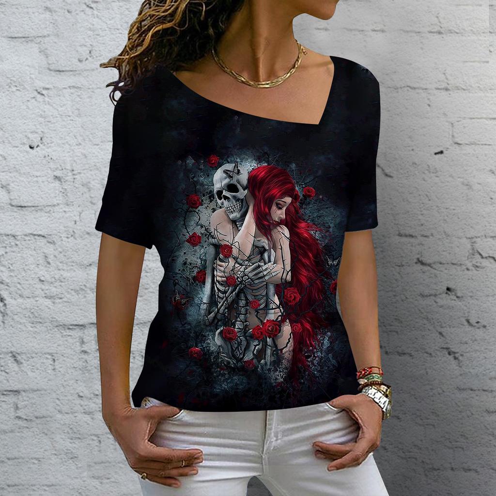 Лето 2023, винтажная женская футболка с изображением черепа, топы с v-образным вырезом, повседневный хлопковый пуловер с короткими рукавами, женская уличная одежда в стиле Харадзюку в стиле панк