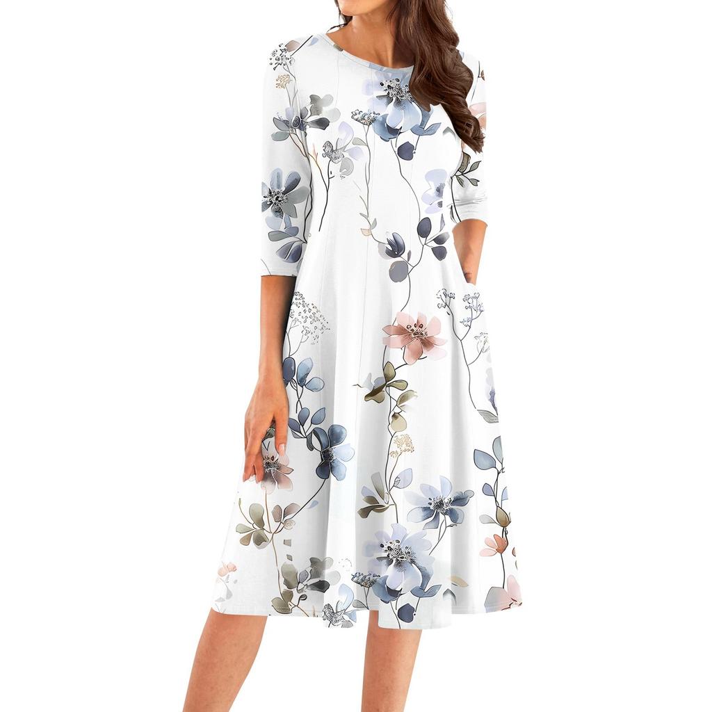 Women's Casual Fashion Round Neck Three Quarter Sleeve Print Midi Dress