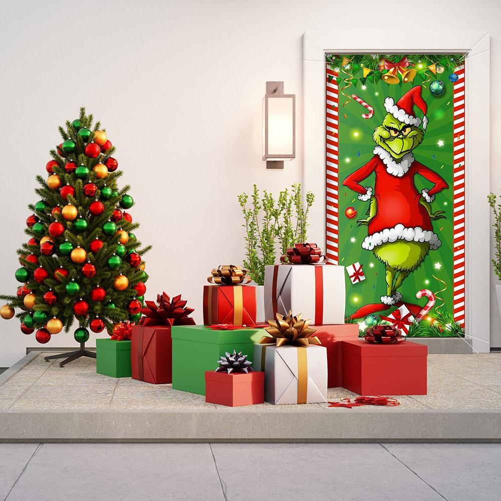 Merry Christmas Grinch Christmas Door Cover Decorations Banner Grinch Green Backdrop