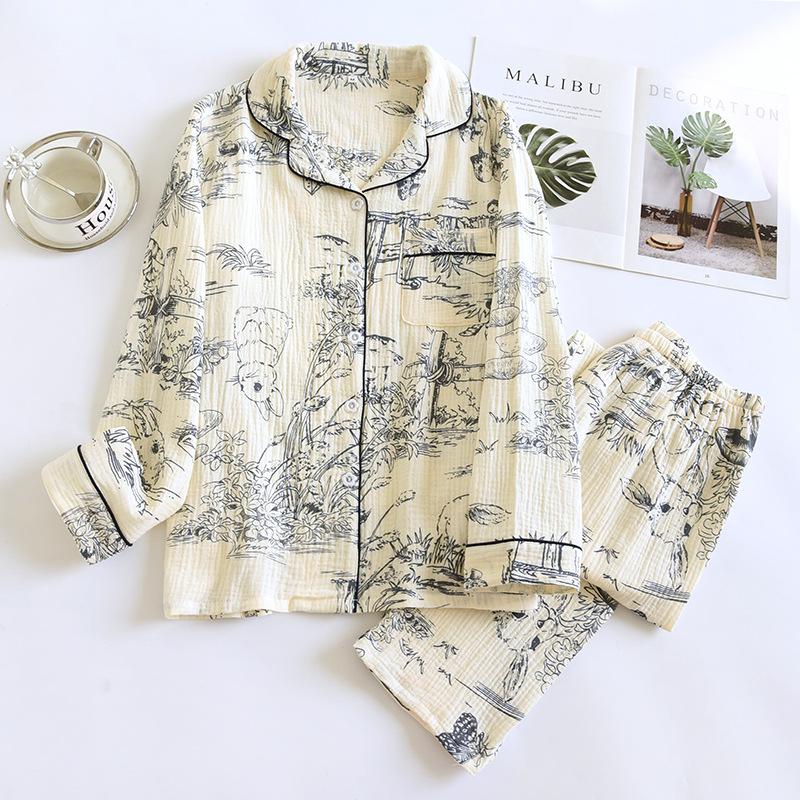 2025 Весна и Осень Женский Новый Пижамный Комплект 100% Хлопок Креп Длинные Рукава Брюки Милый Домашний Комплект Из Двух Частей Пижамы Дамы