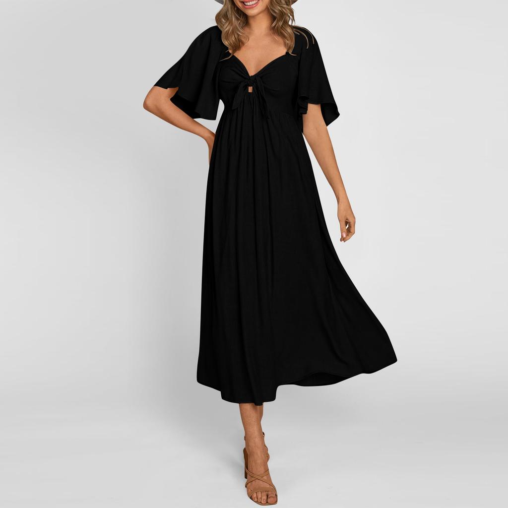 Женские повседневные платья, струящееся платье миди с короткими рукавами и завязкой с V-образным вырезом. Женское летнее платье макси с короткими рукавами и V-образным вырезом.