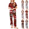 Women's Christmas Print Pajama Set Women's Short Sleeve Long Pants Two-piece Set Button-up Home Clothes