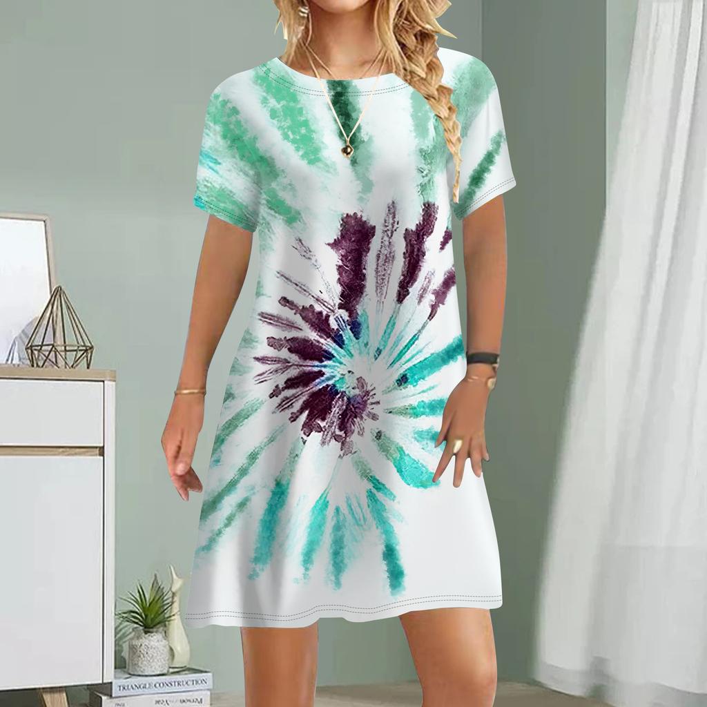Women Casual Dress Summer Tie-dyed Print Dresses For Women O-neck Short Sleeve Dress Plus Size