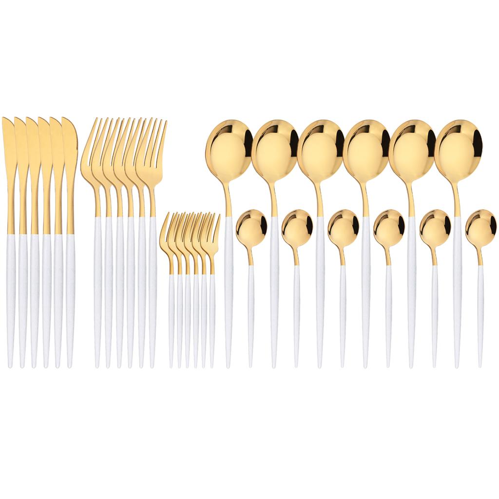 30Pcs Red Gold Dinnerware Set Western Stainless Steel Cutlery Knife Cake Forks Tea Spoon Flatware Silverware Kitchen Tableware