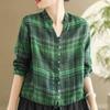 Новая художественная ретро повседневная хлопково-льняная женская рубашка с V-образным вырезом, кулиской, клетчатая, с коротким рукавом три четверти