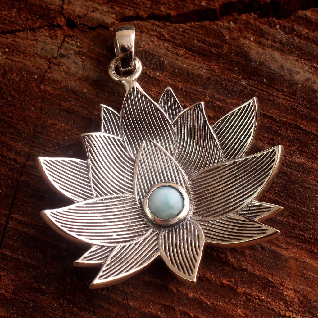 Ларимар Лунный Камень Лотос Подвеска Твердые Стерлингового Серебра 925 Изысканные Ювелирные Изделия Женский Подвеска
