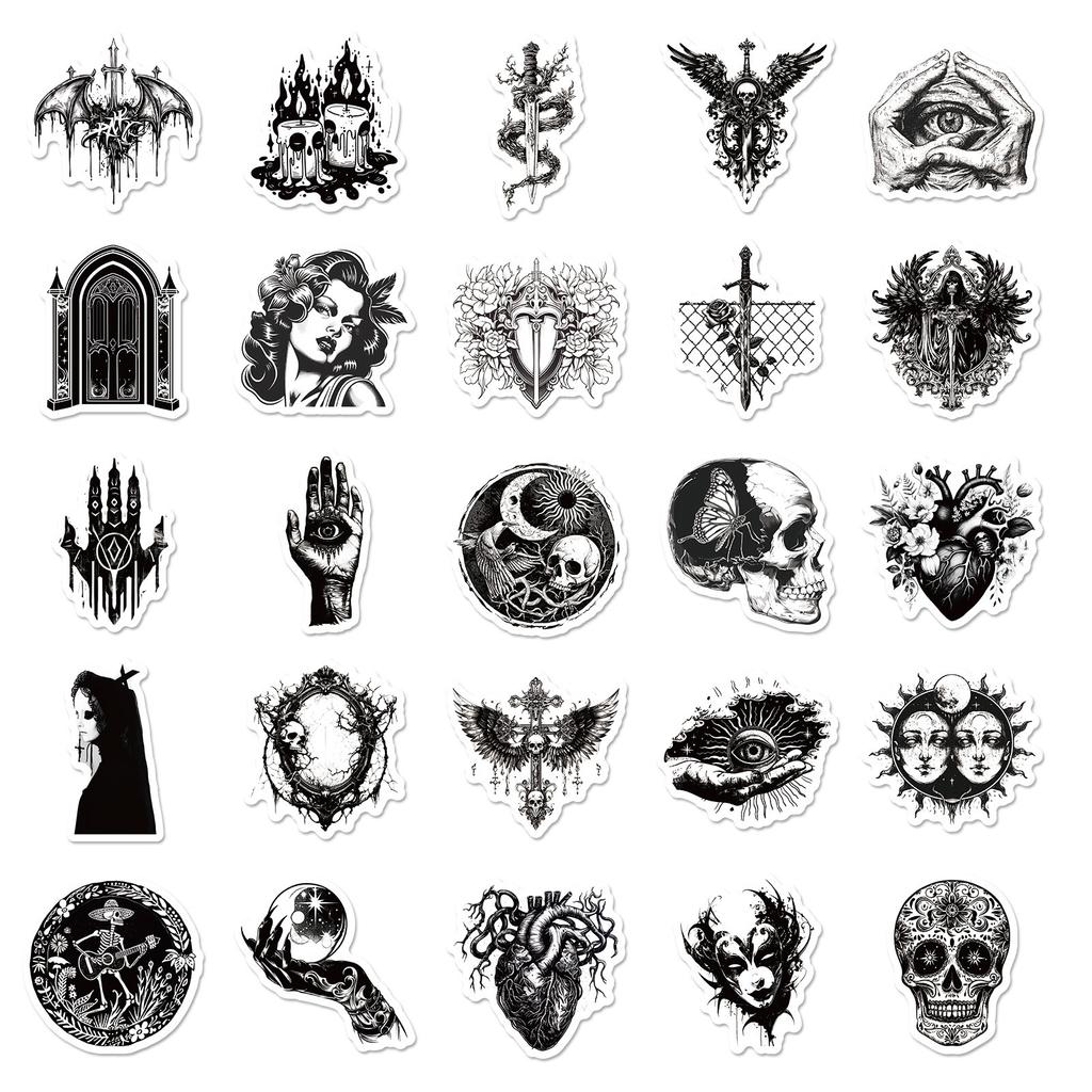 50 Black and White Personalized Gothic Stickers Skull Cool Fashion Horror Series Waterproof Stickers