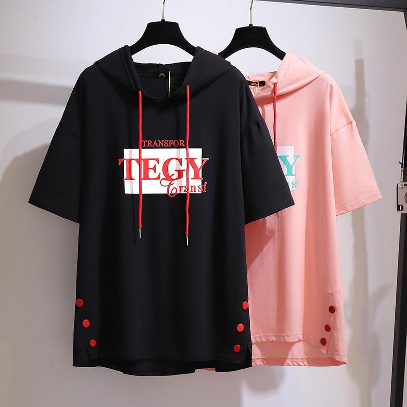 Женская рубашка большого размера 2XL ~ 6XL, топ с капюшоном, корейская версия, свободная футболка с короткими рукавами, женская одежда больших размеров