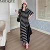 MODIQUE Лето Плюс Размер Женщины Свободные Универсальные Черно-Белые Полосы Лоскутные Длинные Платья Женские Повседневные Платья С Коротким Рукавом U-образным Вырезом