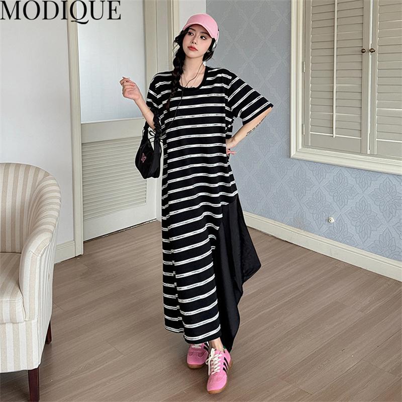 MODIQUE Лето Плюс Размер Женщины Свободные Универсальные Черно-Белые Полосы Лоскутные Длинные Платья Женские Повседневные Платья С Коротким Рукавом U-образным Вырезом