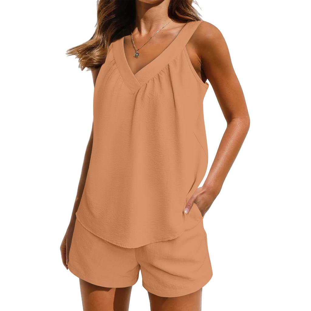 Женский однотонный свободный свитер с V-образным вырезом, без рукавов, повседневный топ с карманами, эластичный пояс, шорты, комплект