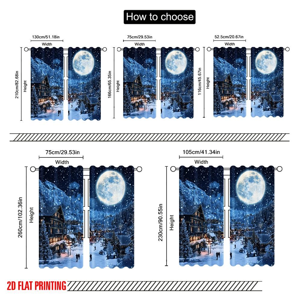 2 шт., 2D печать на плоскости Популярные шторы Зимняя лунная деревня Полиэстер (без стержня) Украшения для улицы для гостиной и