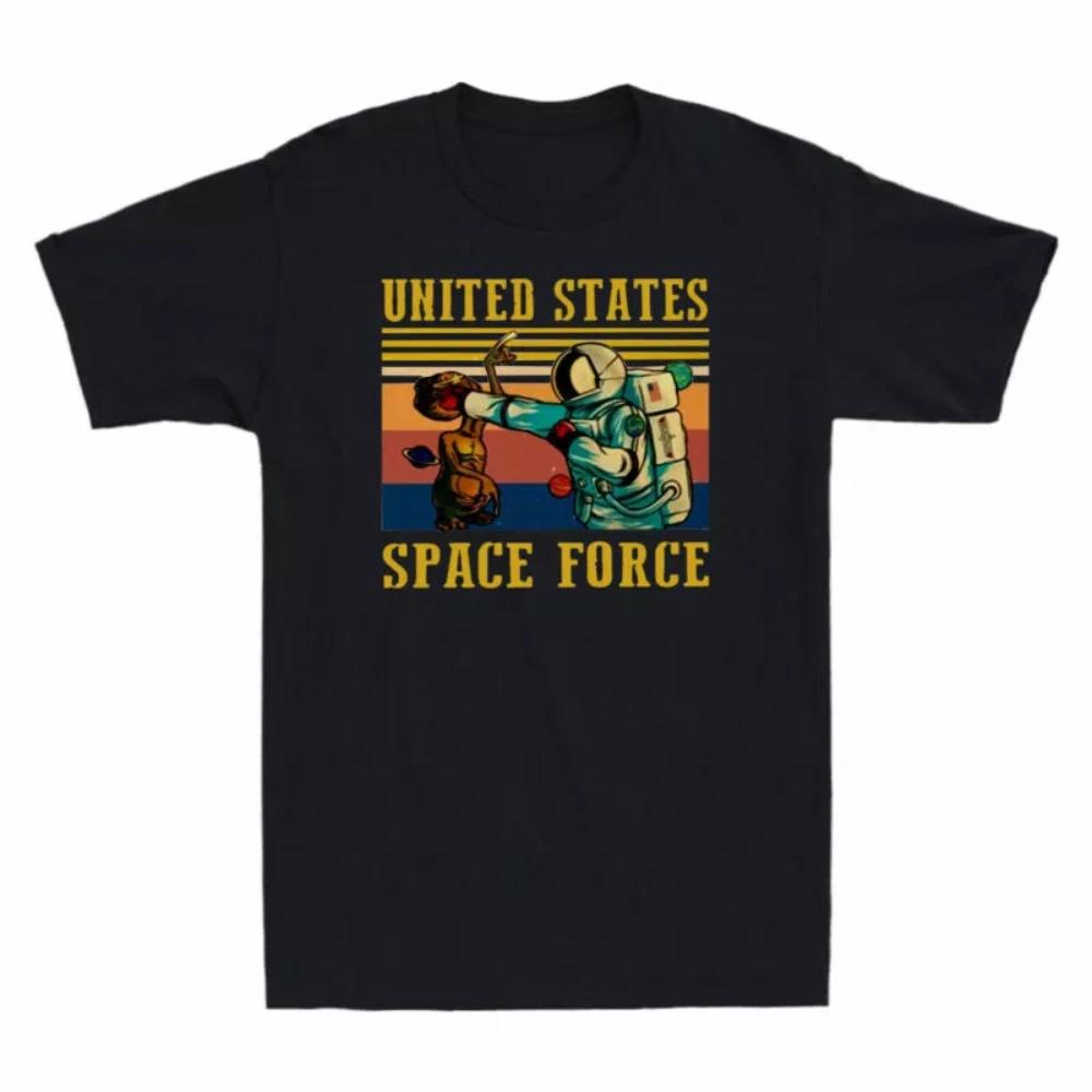 100% cotton TOPS UNISEX TEES MENS WOMENS United States Space Force Funny Astronaut Vs Alien Vintage Men's Black T Shirt