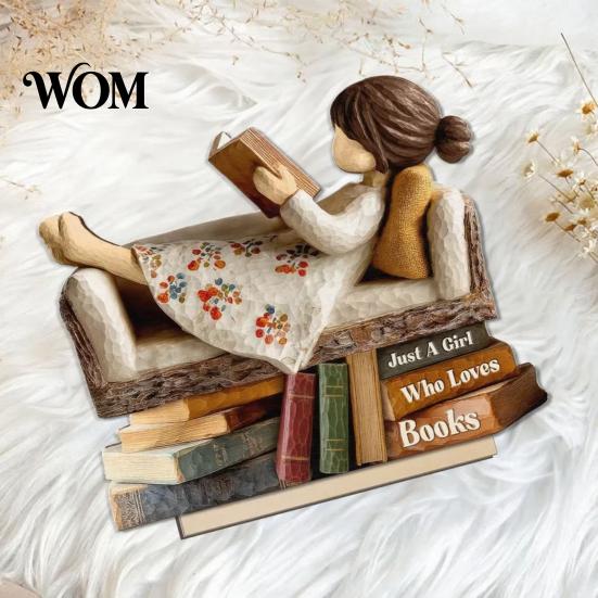 Unique Gift for Avid Readers Woman Reading Book Wooden Plaque, Just A Girl/Boys Who Loves Statue Bookish Home Office Decoration Shelf Desk,