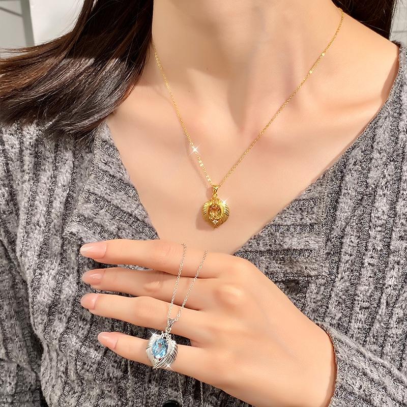 Natural Color Treasure Crystal Stone Angel Wings Pendant S925 Sterling Silver Necklace Women's Premium Clavicle Chain