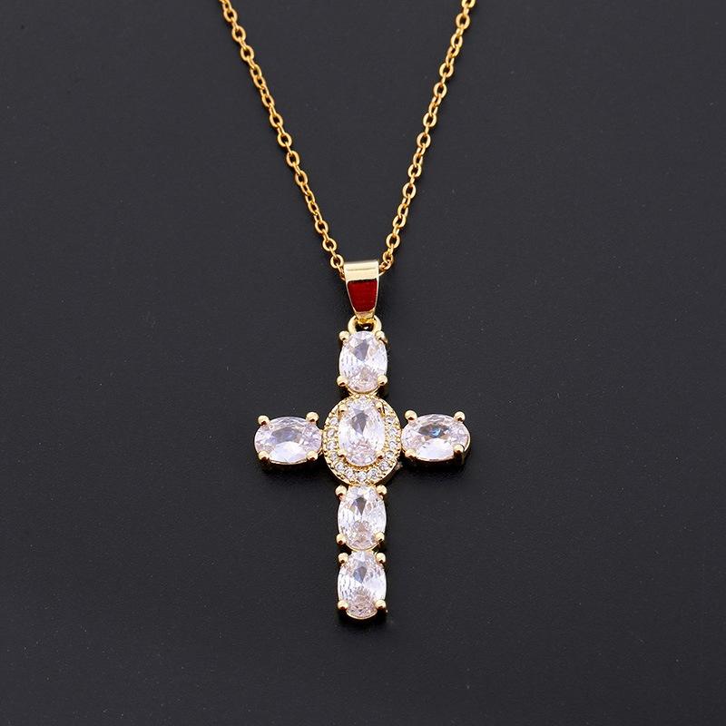 Stainless Steel Waterproof Gold Color Cubic Zirconia Cross Pendant Necklace for Women Fashion Vintage Jewelry Christmas Gift