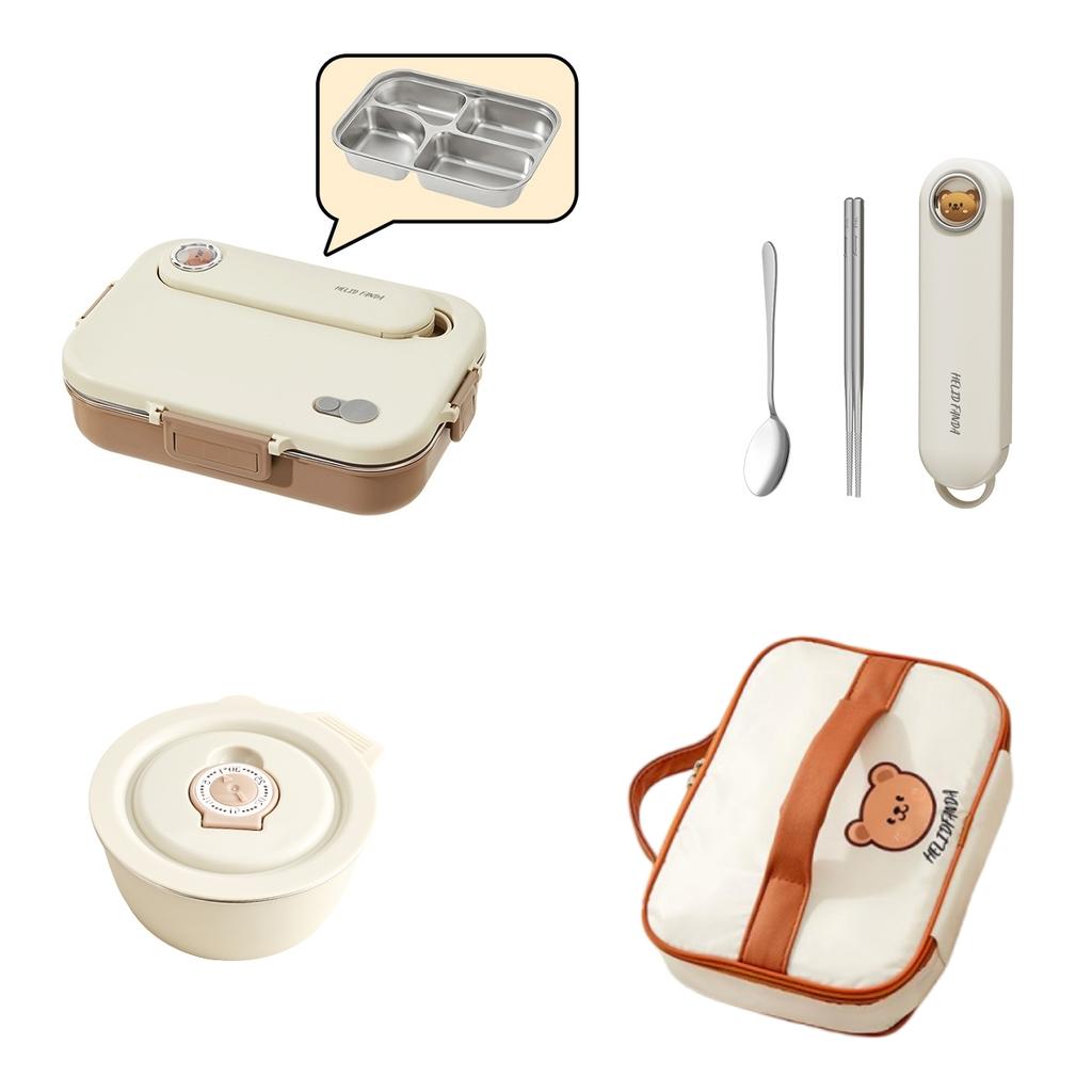 4/5 Grids Portable Bento Box With Bowl & Cutlery 304 Stainless Steel Divided Lunch Box Microwave Heatable Lunch Container Set