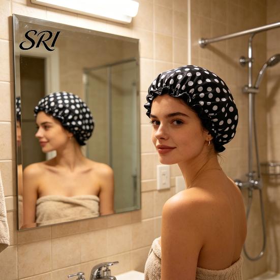 Reusable Shower Cap Leopard Zebra Dot Printing Double Layer Protection Waterproof Hair Hat with Elastic Band Makeup for Long
