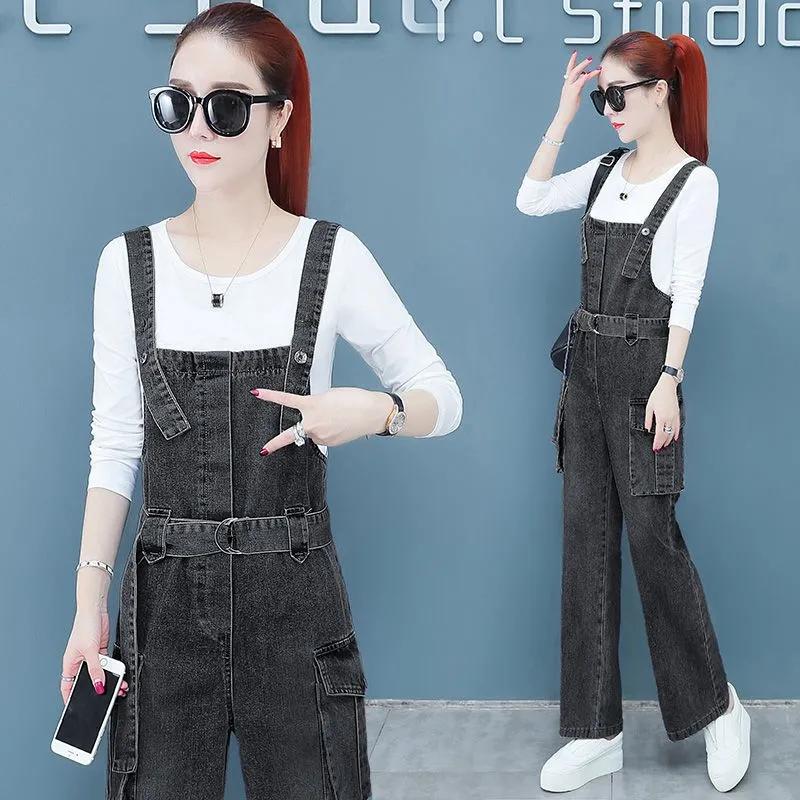 Джинсовые комбинезоны женские весна-осень свободные модные брюки с карманами и широкими штанинами