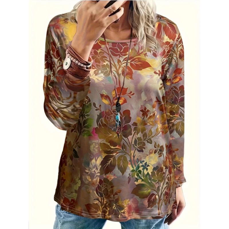 Plus Size Women' S Retro Floral Print T-Shirt Elegant Round Neck Autumn and Winter Long Sleeve T-Shirt