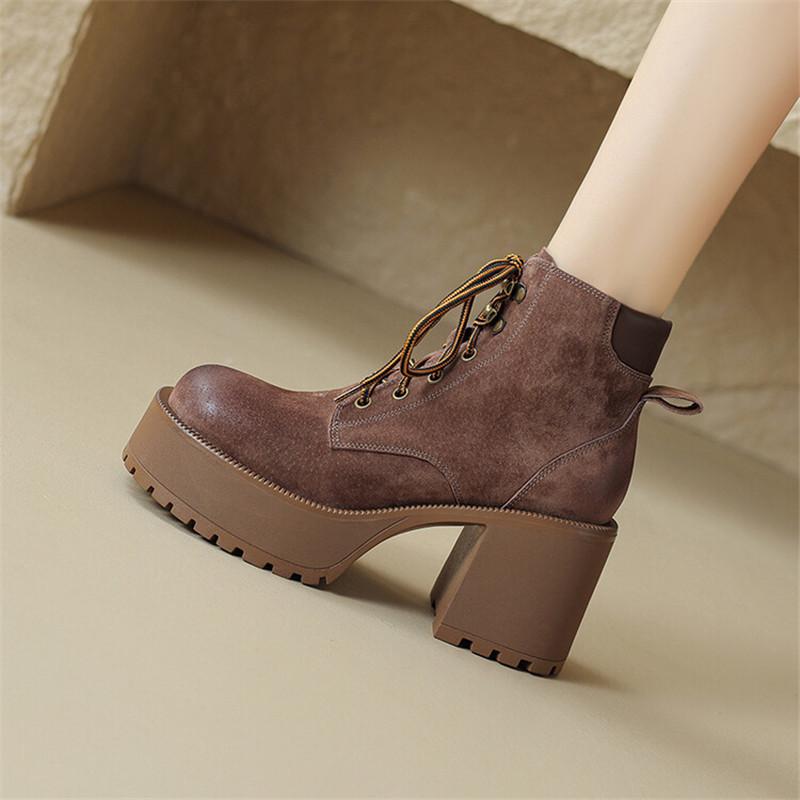 Модные Новые Зимние Женские Ботинки из Спилковой Кожи с Круглым Носком, Короткие Ботинки для Женщин, Зимние Ботинки на Высоком Каблуке, Женские Ботинки на Платформе, Женская Обувь
