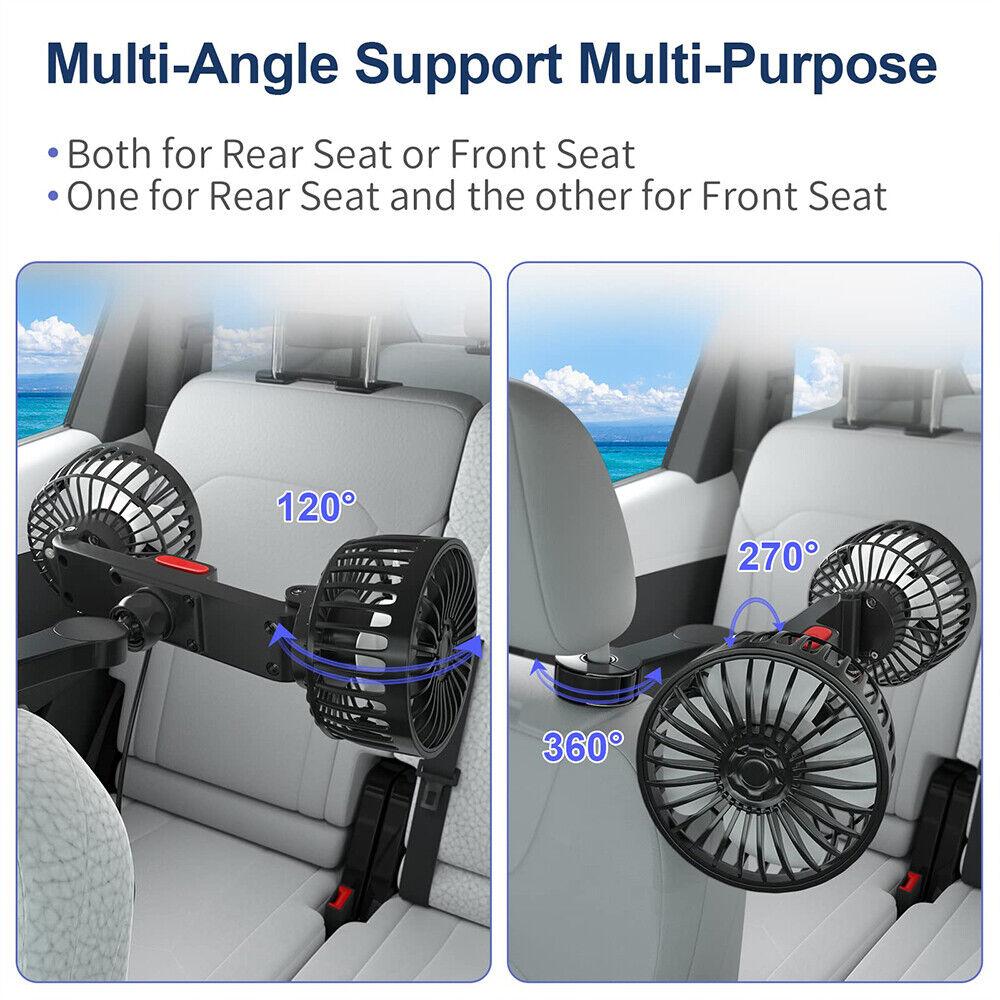 Two-Head 3 Speed 360° Rotation Car Back Rear Seat Fan Car Cooling Fan Air Cooling Fan Headrest Fan