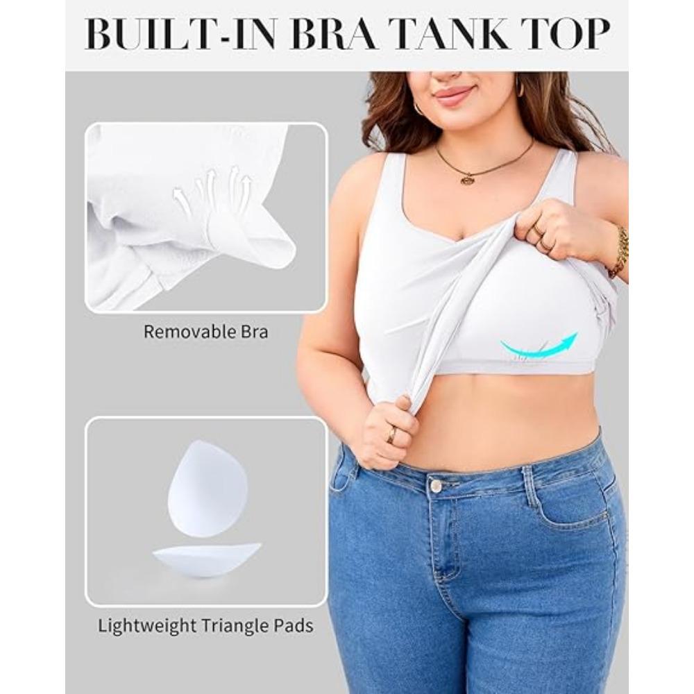 CHARMLEAKS Женские майки больших размеров со встроенным бюстгальтером с подкладкой, регулируемые бретели, V-образный вырез, хлопковые рубашки-майки 1X-4X
