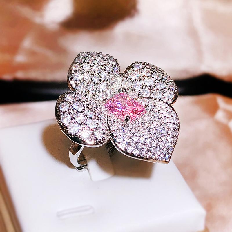 Deluxe Full Diamond Rich Flower Square Chamfered Imitation Pink Ice Flower Cut High Carbon Diamond Ring