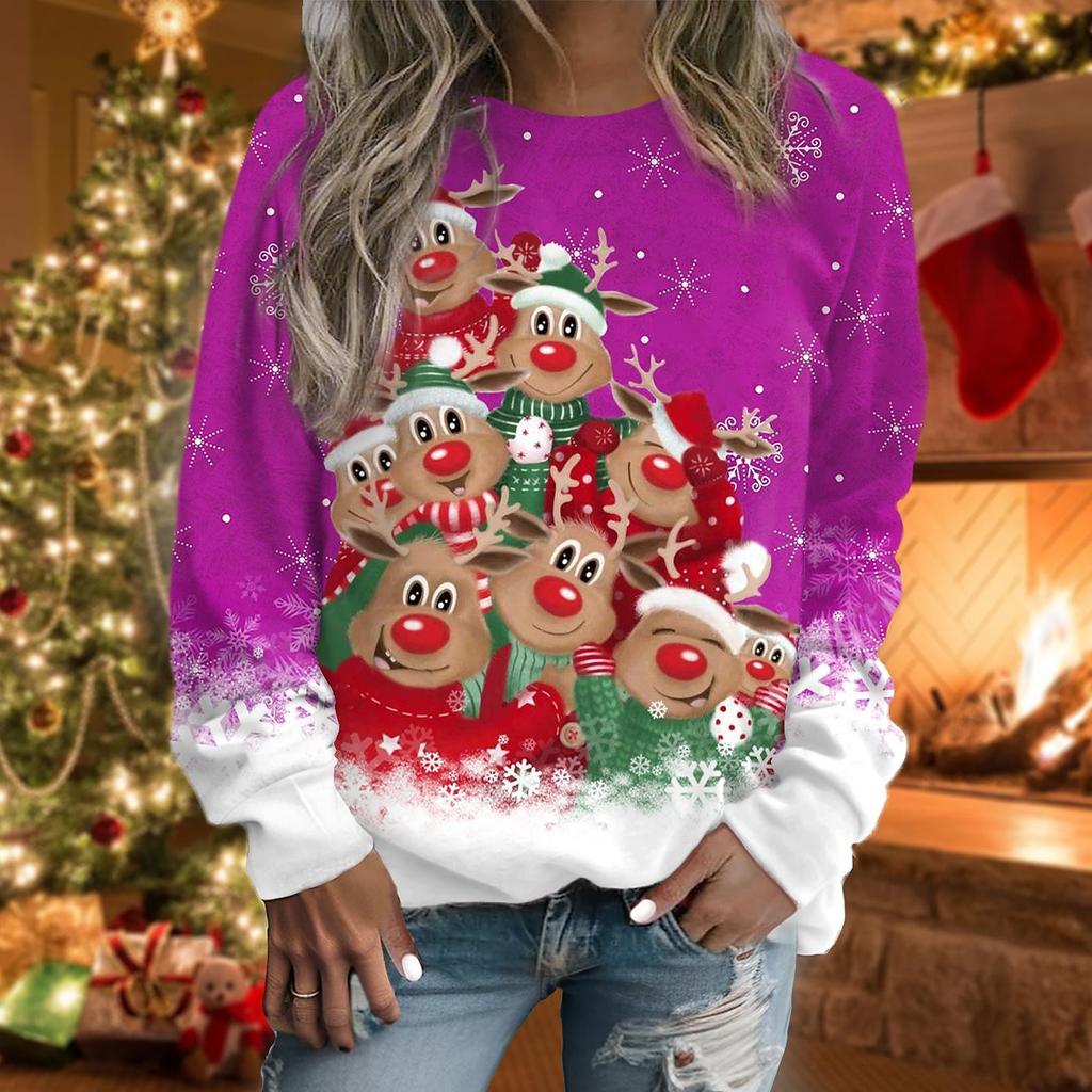 Женский свитер с рождественским рисунком оленя и снежинки, спортивная одежда, праздничный принт, рождественский топ с круглым вырезом, осень и зима XXS-6XL