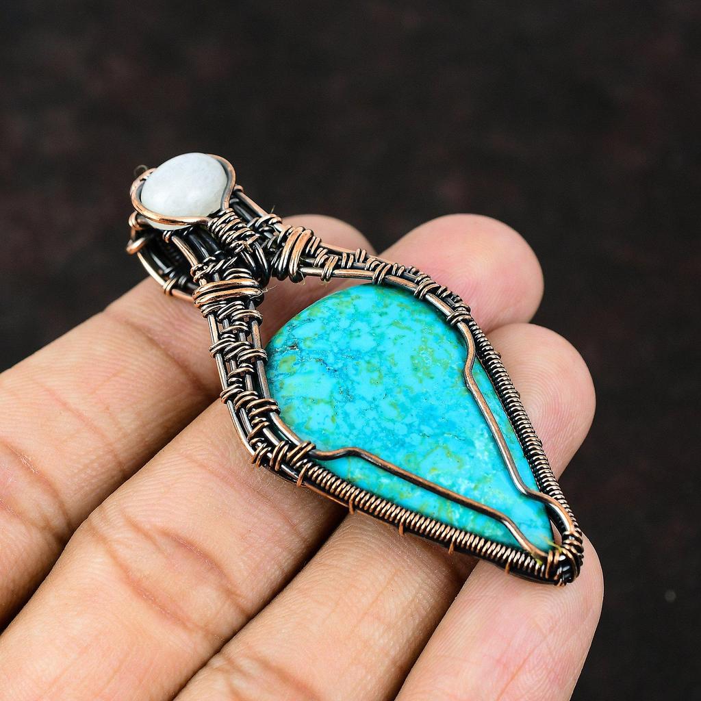Аризона Бирюзовый Кулон Медная Проволока Обернутый Кулон Дизайнерские Ювелирные Изделия Радуга Кулон Из Лунного Камня Ювелирные Изделия Ручной Работы Для Женщин Подарок Для Мамы