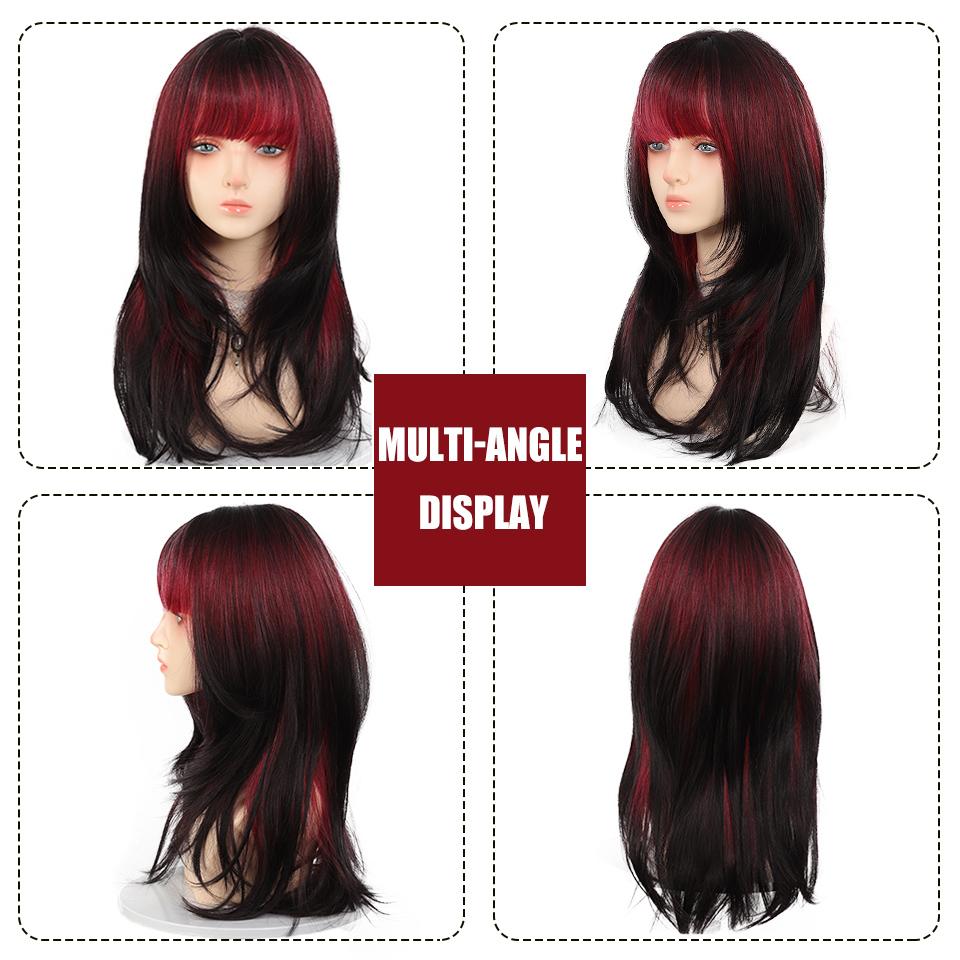 Red Gradient Black Straight Hair Synthetic Wig Female Daily Sweet and Cool Style Layered Gradient Long Wig