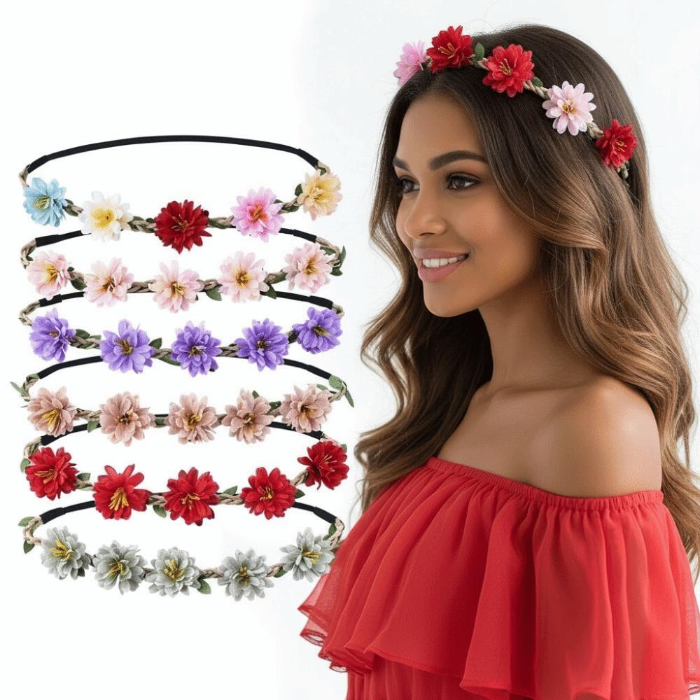 Hand Woven Floral Wreath Crown Adjustable Ribbon Bohemia Garland Headpiece for Photography Props