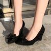 2025 Spring and Autumn New Korean Version Bow Thick-soled Wedge Heel Pointed Head Shallow Mouth Women's Single Shoes