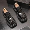 Мужские туфли из лакированной кожи с низким вырезом и квадратным носком, блестящей поверхностью, в мужском стиле, на толстой подошве, на шнуровке, свадебные туфли для жениха, черные, с широким носком, деловые, формальные, кожаные туфли